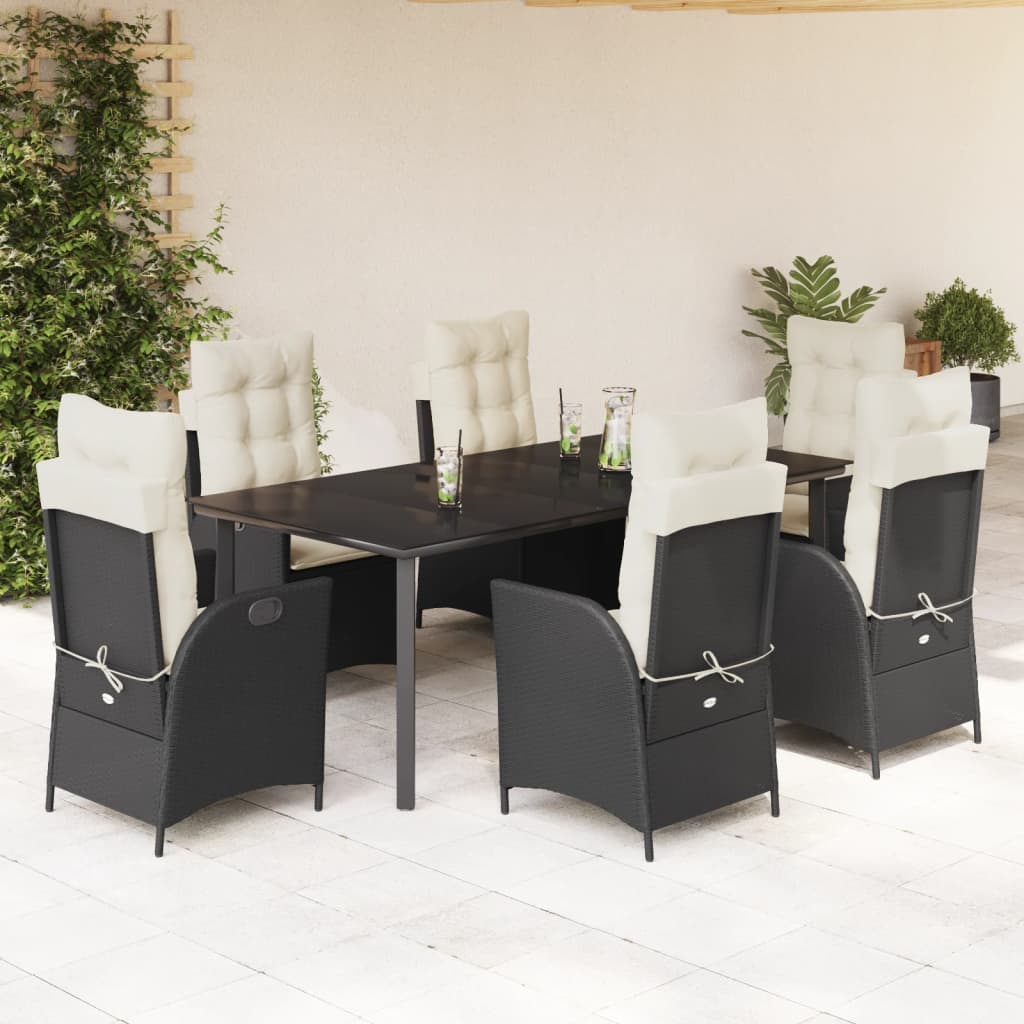 7-tlg. Garten-Essgruppe mit Kissen Schwarz Poly Rattan